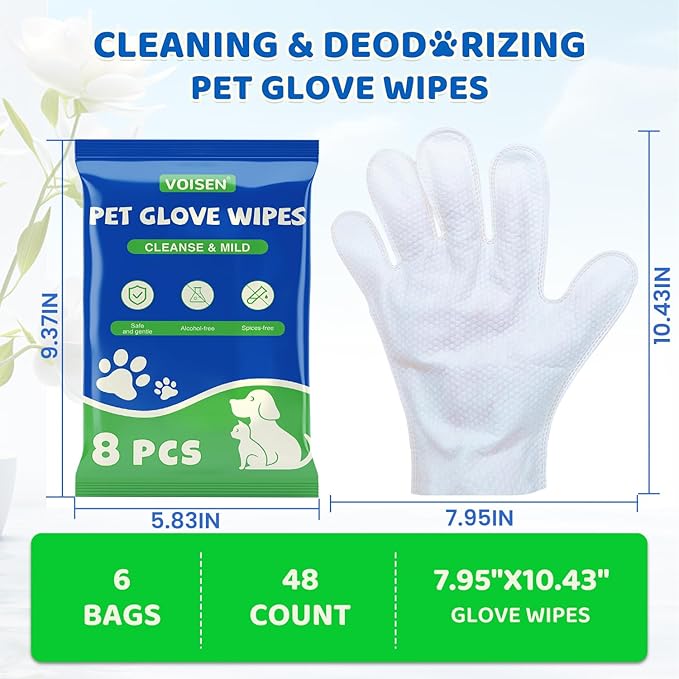 VOISEN 48 Pcs Pet Glove Wipes for Dogs and Cats, Cleaning & Deodorizing Bathing Grooming Wipes,Unscented Thick Nourish Fur Glove Wipes for Pet Dry Cleaning,Daily Care and Travel