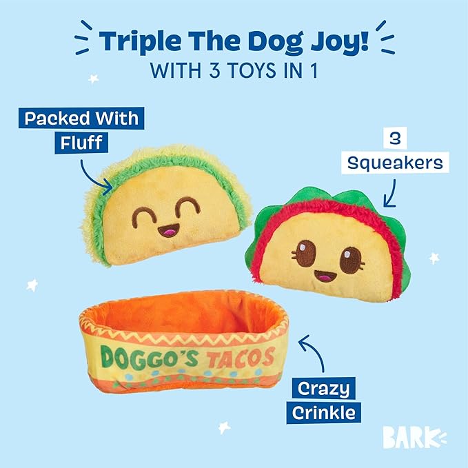 Barkbox Doggo’s Tacos 3-in-1 Squeaky Plush Dog Toy – Multi-Part Interactive Toy with Crinkle Taco Holder & Three Squeakers – Fun Play for Small to Medium Dogs