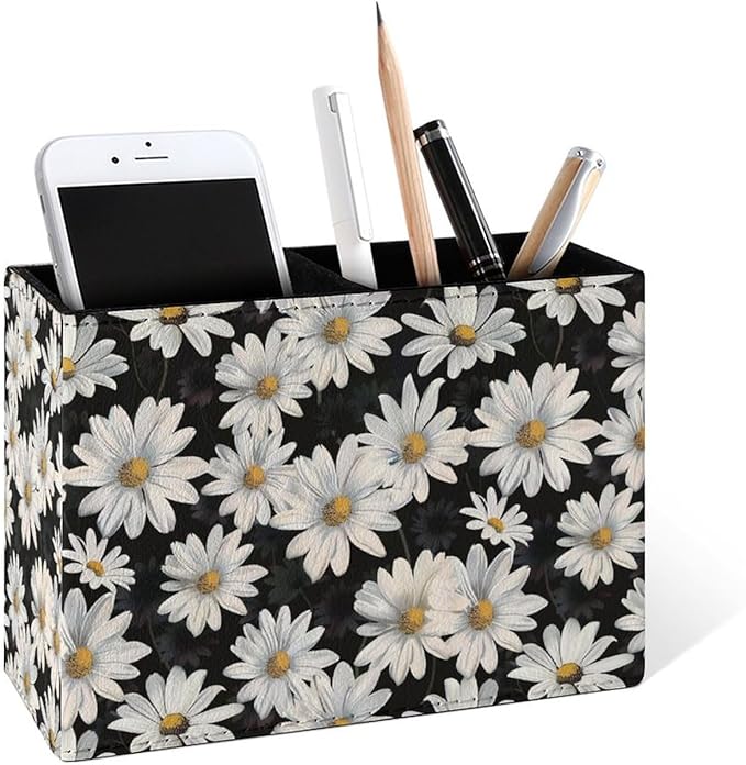 Famame White Daisies Seamless Leaves Pencil Holder for Desk, Leather Desktop Container Pen Cup Storage Study Table Pen Organizer Makeup Brush Holder for Classroom Office Home