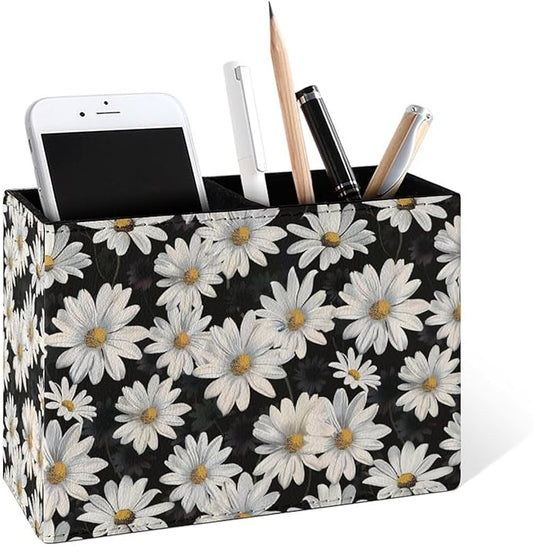 Famame White Daisies Seamless Leaves Pencil Holder for Desk, Leather Desktop Container Pen Cup Storage Study Table Pen Organizer Makeup Brush Holder for Classroom Office Home
