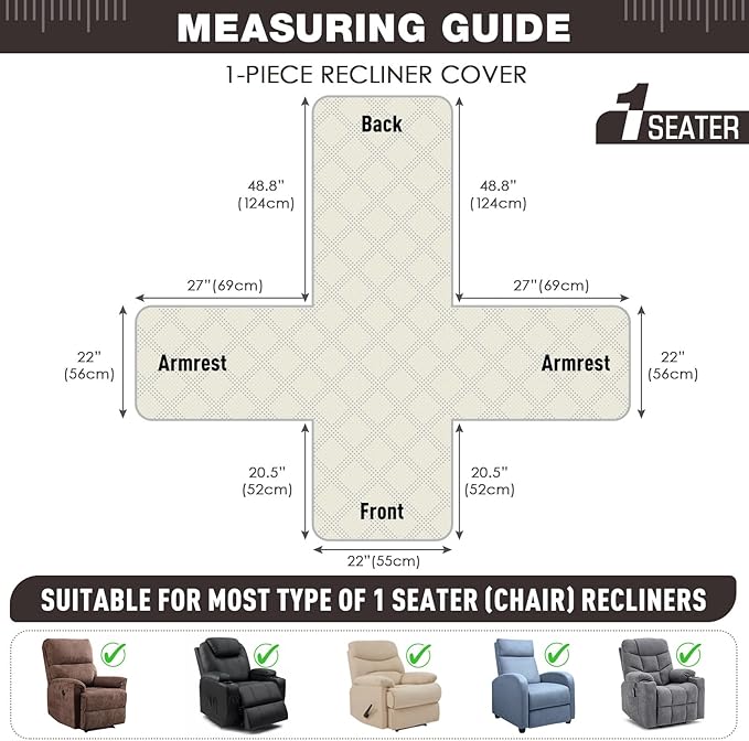 TAOCOCO 100% Waterproof Recliner Chair Covers, Non Slip Recliner Covers for Recliner Chair with Pocket, Washable Reclining Chair Cover Furniture Protector for Kids,Dogs(22'', Coffee)