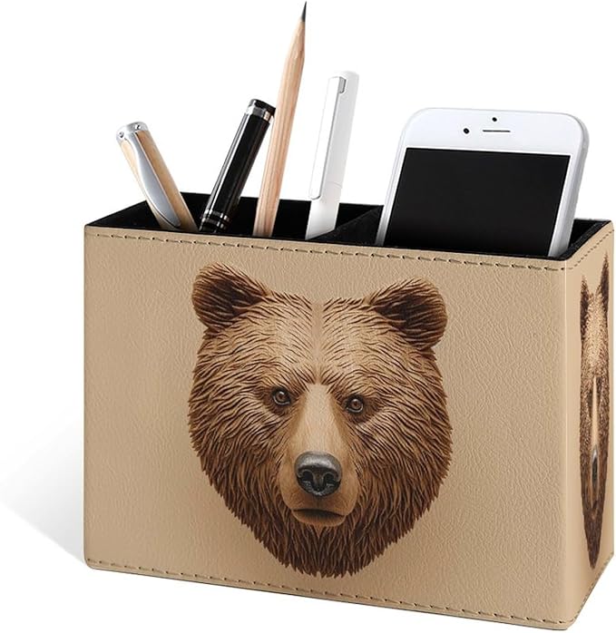 Famame 3D Bear Head Print Pencil Holder for Desk, Leather Desktop Container Pen Cup Storage Study Table Pen Organizer Makeup Brush Holder for Classroom Office Home