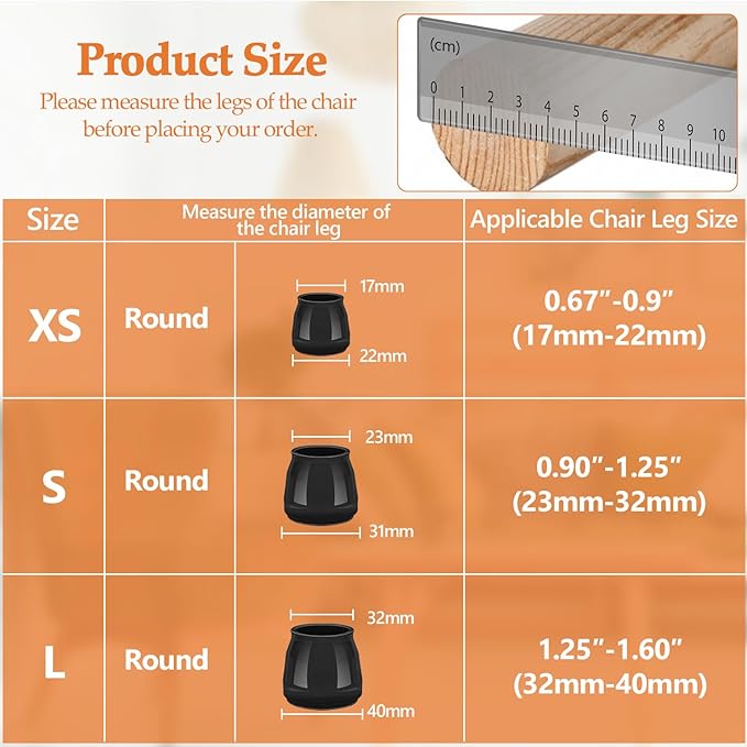 16pcs Round Chair Leg Floor Protectors, Felt Pads Chair Leg Protectors for Hardwood Floors, Silicone Furniture Feet Cups Covers Felt Pads, Prevents Scratches & Reduce Noise, Black, X-Small