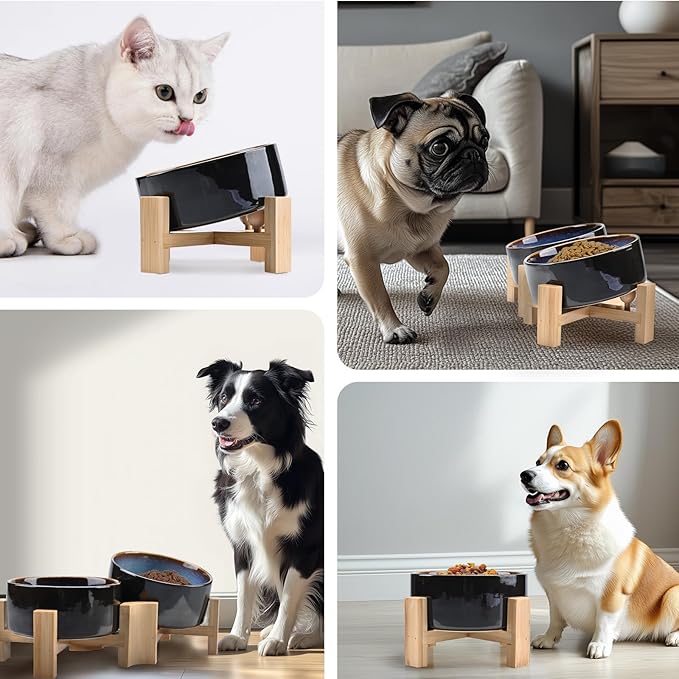 SPUNKYJUNKY 15° Slanted Ceramic Dog and Cat Bowl with Wooden Stand, Tilted Bulldog Food and Water Bowl No Slip Non-Spill for Cats Medium Dogs Big Face Pets 13.5 OZ (1.7 Cups, Starry Blue × 2)