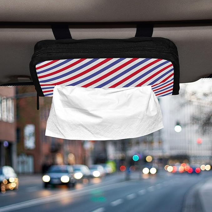 Car Tissue Holder Car Napkin Holder Car Tissue Box Dispenser Storage Case Sun Visor Mask Holder with Adjustable Straps Reusable Refillable Red and Blue Stripes