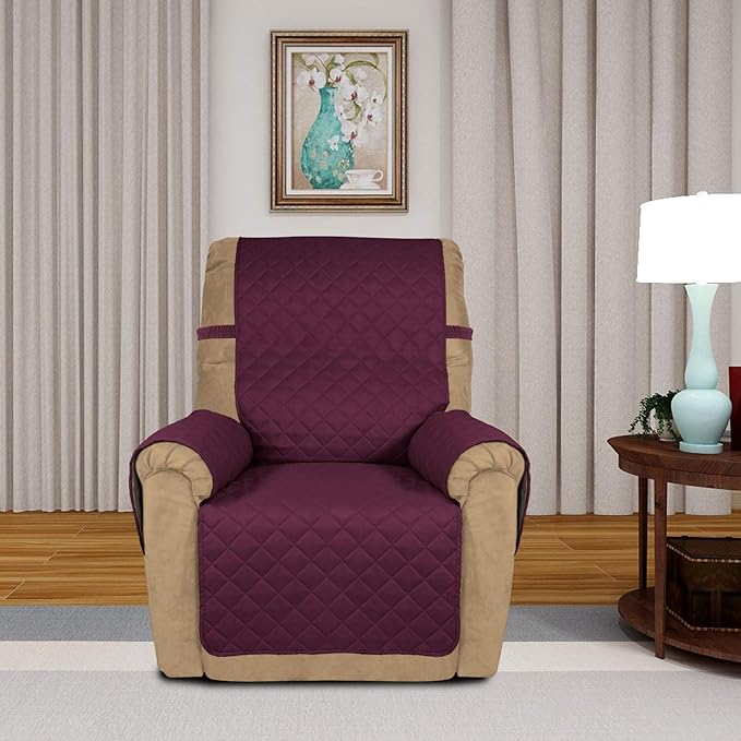 PureFit Reversible Quilted Recliner Sofa Cover, Water Resistant Slipcover Furniture Protector, Washable Couch Cover with Elastic Straps for Kids, Dogs, Pets (Small, Wine/Beige)