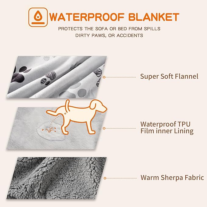 CAPT.SNOOZE Waterproof Dog Blankets Pet Blanket 50"x60", Soft Fluffy Sofa Car Bed Protector, Reversible Sherpa Fleece Dog Blanket for Large Dogs (Light Grey-Paws)
