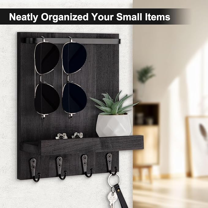 Lucundm Key Holder Wall Mount, Key Holder for Wall with 4 Hooks, Farmhouse Key Hanger Holds Dog Leash, Sunglasses – Decorative Mail Organizer Home Decor (Black)
