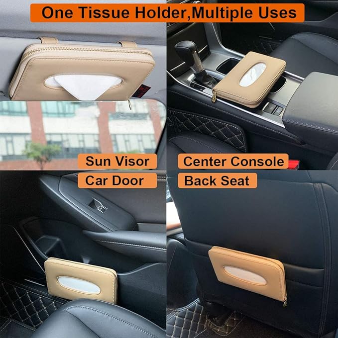 Car Tissue Holder, Sun Visor Tissue Holder, Car Visor Napkin Holder, PU Leather Backseat Tissue Case Holder for Car Vehicle with Zipper (Beige)