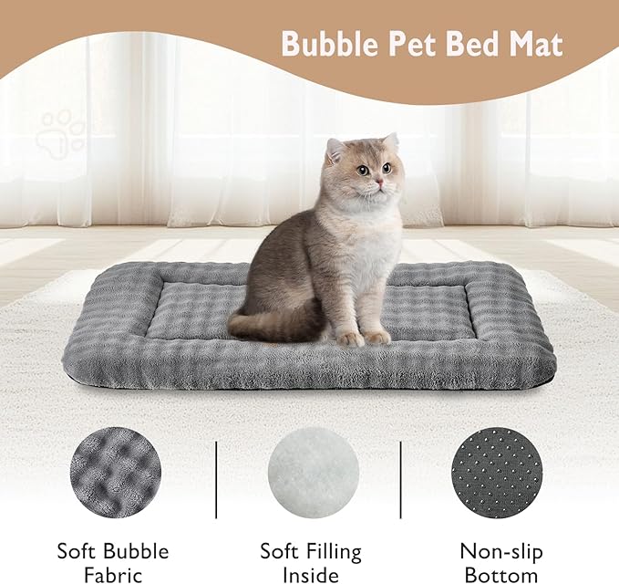 Pet Bed Mat Crate Pad for Cats Small Dogs, Washable Soft Pet Sleeping Mat Kennel Pad with 3D Bubble Pattern, Grey, 24"x 18"
