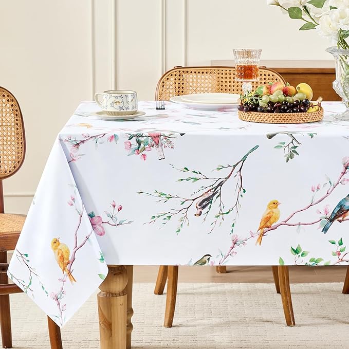 Romanstile Spring Rectangle Vinyl Tablecloth, 100% Waterproof Oil-Proof Plastic Table Cloth, Heavy Duty Vinyl Table Cover for Dining, Camping, Picnic, Outdoor - 54 x 120 Inch, Bird