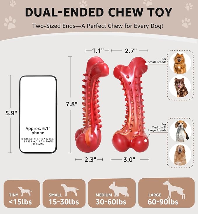 IPTPAS Dog Chew Toy for Aggressive Chewers, Tough Natural Rubber Bone with Irresistible Beef Flavor, Long-Lasting Teeth Cleaning & Reduce Boredom, Durable Dog Dental Toy for Small Medium Large Breeds