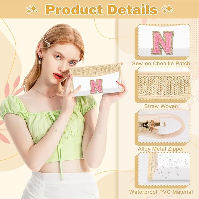 Small Boho Straw Initial Letter Makeup Bag Personalized Gift ,Cute Clear Chenille Patch Makeup Bag With Zipper,Trendy TSA Approved Travel Toiletry Bag,Gift for Women Girls Birthday Friend, Letter N