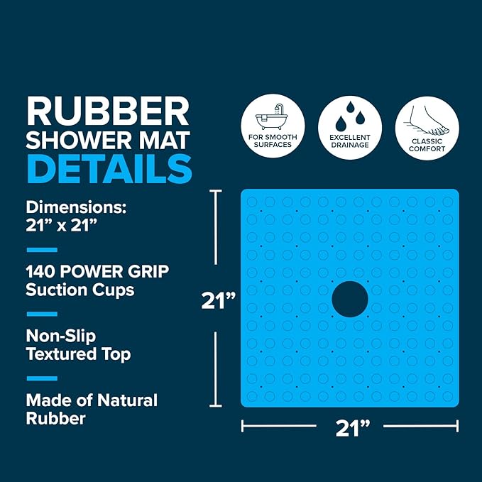 SlipX Solutions Square Natural Rubber Shower Stall Mat, 21” x 21”, Non Slip Safety, Built-in Product Protection, 140 Power Grip Suction Cups, Center Drain Hole, Tan