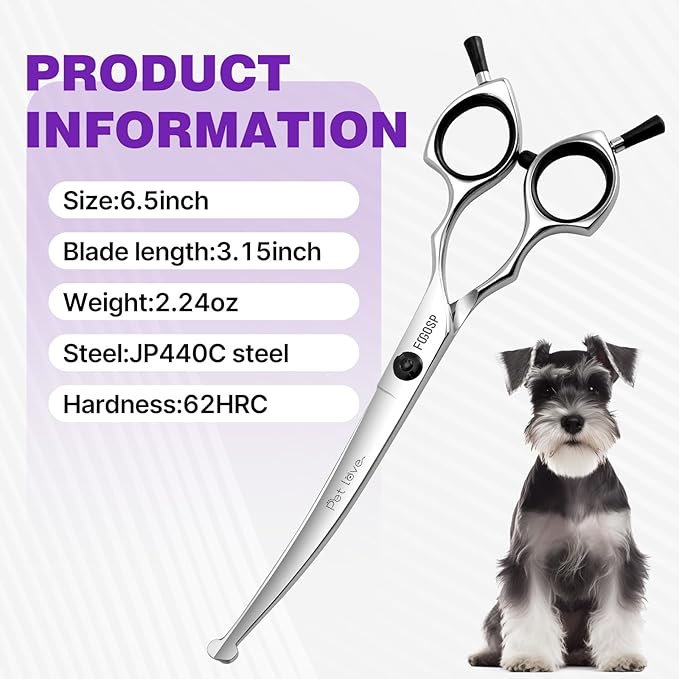 Curved Dog Grooming Scissors with Blunt Tip 6.5 in Round Curve Shears for Pet Dogs Cat Japan 440C 30°Arc Upward & Downward for Trimming Face and Paws at Home Safety