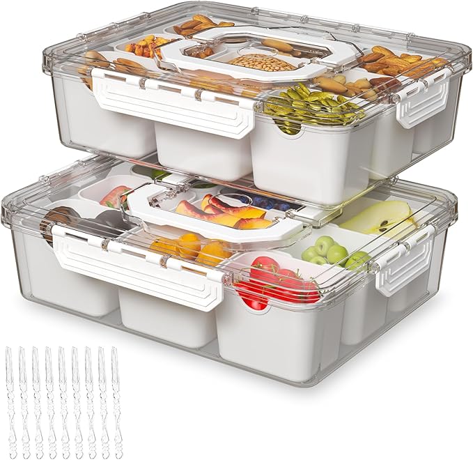 REBECAT Divided Serving Tray with Lid and Handles 9 Compartments Snack Box Container Charcuterie Organizer Snackle Box Container for Candy,Nuts，Fruits,Snacks,2 Pack,White
