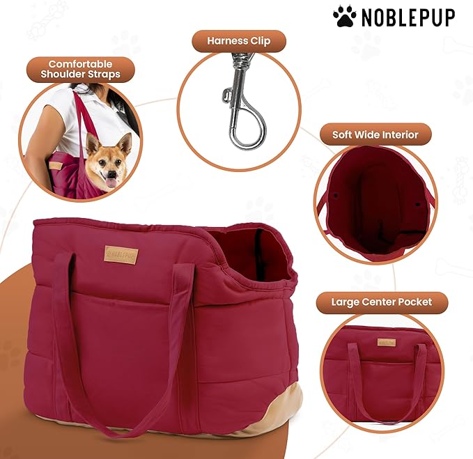 NoblePup Plush Dog Purse Carrier for Small Dogs, Soft Dog Tote Bag with Safety Harness Clip, Cozy Pet Carrier for Dogs Under 15 lbs, Comfortable Dog Shoulder Carrier for Travel, Red