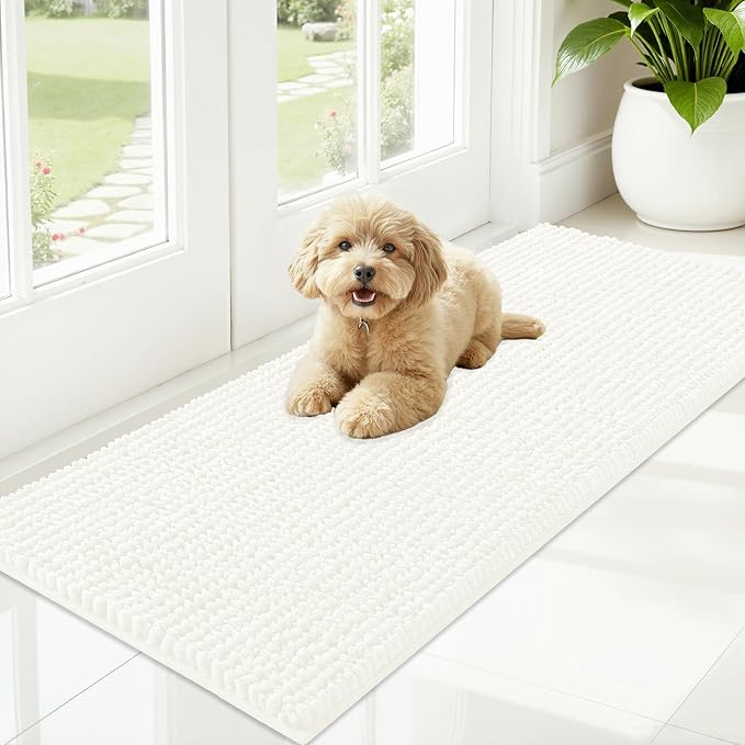 OLANLY Dog Door Mat for Muddy Paws 47x20, Ultra Absorbent Chenille Mud Doormat, Non-Slip Washable and Dirt Trapping Doormat for Indoor Entryway, Quick-Dry Indoor Pet Bed Mats for Dogs, Ivory