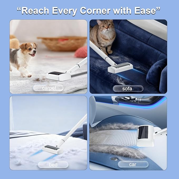 Electric Pet Hair Remover for Dogs & Cats, Rechargeable Lint Roller with Adjustable Handle, Portable Hair Cleaner for Sofa, Carpet, Bed, Car, Multi-Surface Fur Removal Tool (White, Electric)