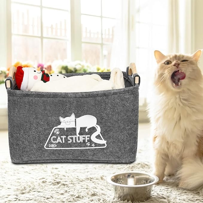 Cat Toy Box, Cat Toy Storage Basket with Handles, Felt Pet Toy Basket Pet Supplies Storage Bin, Perfect for Organizing Cat Toys and Accessories