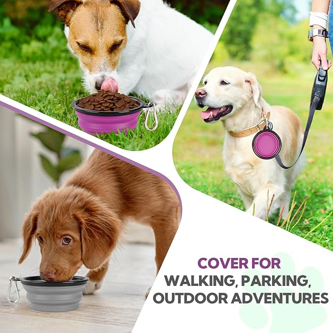 Collapsible Dog Bowl 2 Pack, Dog Water Bowls for Travels, Portable Foldable Pet Bowls Feeding Watering Dish for Parking Walking Camping with 2 Carabiners Clip (12oz, Small, Grey+Purple)