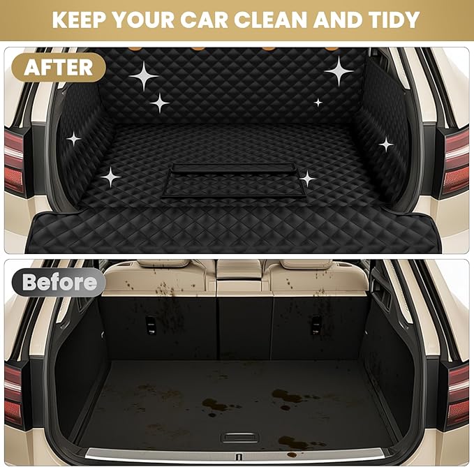 Waterproof SUV Cargo Liner for Dogs - Pu Leather Pet Car Seat Cover Protector with Bumper Flap, Non-Slip Backseat Mat for SUVs, Sedans, Vans Trunk | Easy Clean, Scratch Resistant (Black, Extra Large)