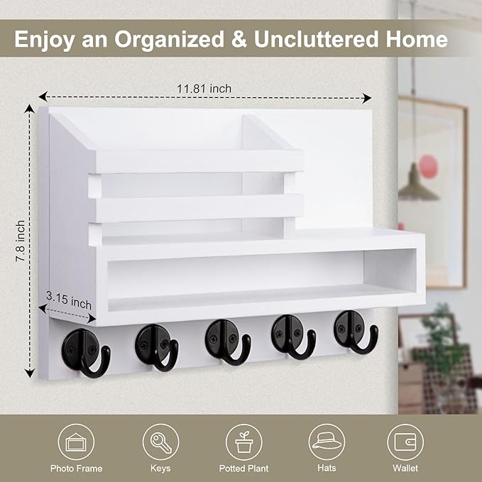 Lucundm Key and Mail Holder Wall Mount, Key Hanger with Long Storage Box and 5 Hooks for Coat, Dog Leash, Home Decor Rack, House Accessories, Entry Way Organizer 11.8”W x 7.8”H x 3.2”D