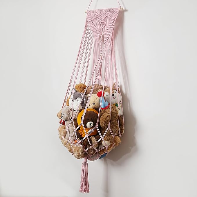 Stuffed Animal Net or Hammock Corner or Wall Hanging Net for Plush Toy Storage Boho Macrame Toy Display Nursery Bedroom Decor Stuffy Animal Toy Organizer (Pink)