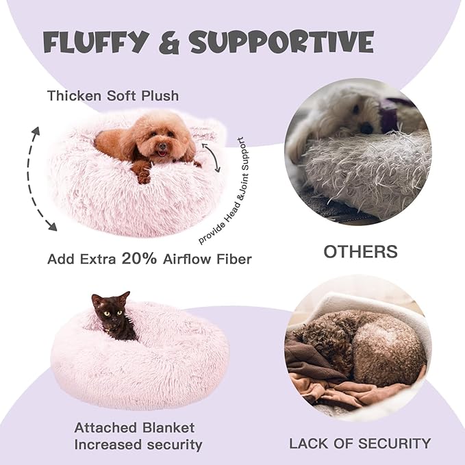 Himax Dog Beds for Large Dogs, Comfort Dogs Bed with Blanket Attached, Calming Anti-Anxiety Fluffy Dog Bed Washable (20"/26"/35") Pink