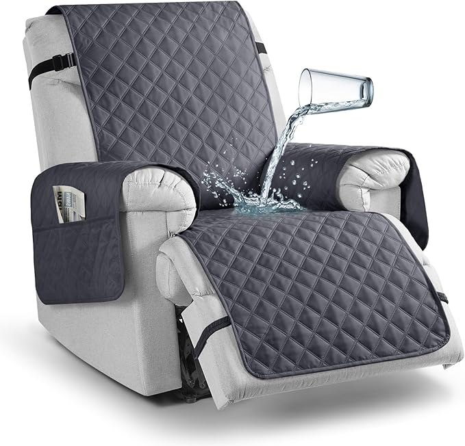 TAOCOCO 100% Waterproof Recliner Chair Cover Non-Slip Reclining Cover for Recliner Chair Washable Chair Seat Cover with Elastic Straps for Pets Sofa Slipcover with Pocket (Small 23'', Smoke Gray)