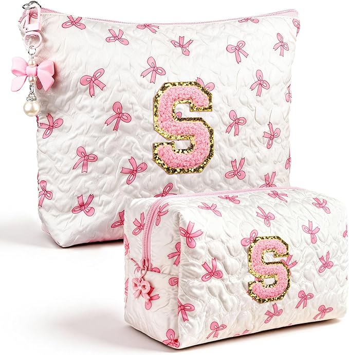 Initial Makeup Bag, Christmas Gifts for Women Teens Girls Birthday Gift Personalized Bow Cosmetic Bag, Quilted Cosmetic Travel Toiletry Pouch, Cute Makeup Organizer Teen Girl Gifts Trendy Stuff, S