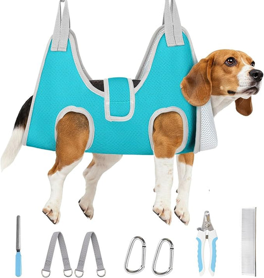 Supet Dog Grooming Hammock for Large Dogs, Dog Hanging Harness for Nail Trimming Doorframe, Pet Holder Restraint for Clipping Nails, Pet Hoist Sling for Cutting Nails at Home (Blue L)