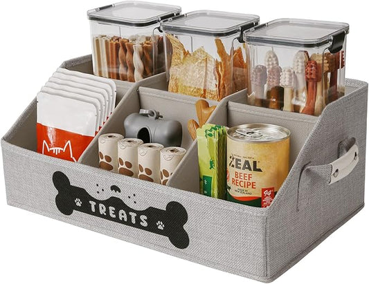 Dog Treat Container, Dogs Storage Organizer with Removable Dividers, Collapsible Dogs Treat Holder for Countertop, Trapezoid Pet Treats Containers, Dog Toy Basket with PU Handles, Medium, Gray