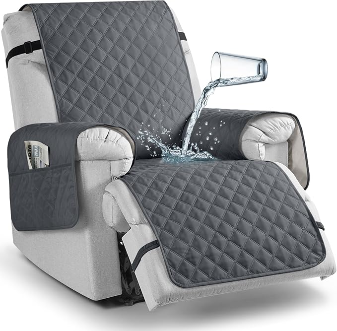 TAOCOCO 100% Waterproof Recliner Chair Cover Non-Slip Reclining Cover for Recliner Chair Washable Chair Seat Cover with Elastic Straps for Pets Sofa Slipcover with Pocket (Oversized 28'', Dark Grey)