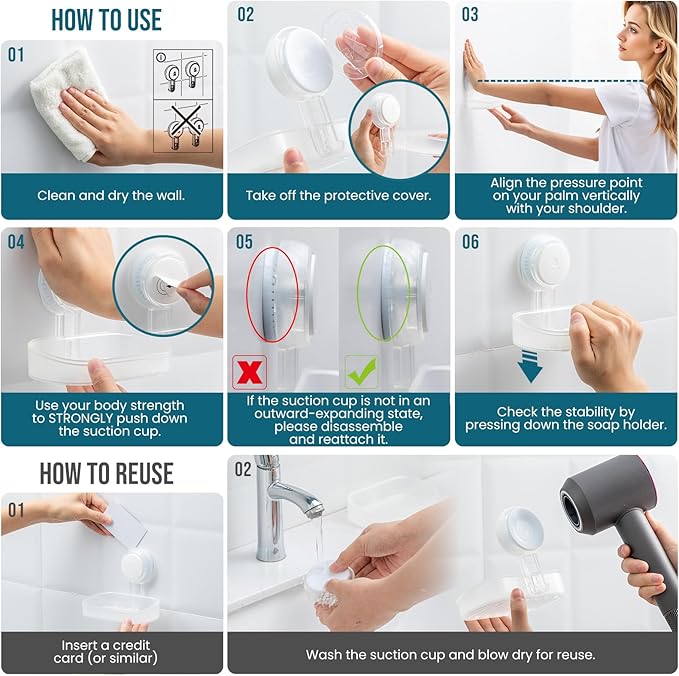 TAILI Soap Dish Bar Holder Suction Cup,Soap Saver with Powerful Vacuum Suction,Sponge Holder for Shower,Bathroom,Tub and Kitchen Sink, Universal Shower Accessories,Drill-Free,Removable,Clear