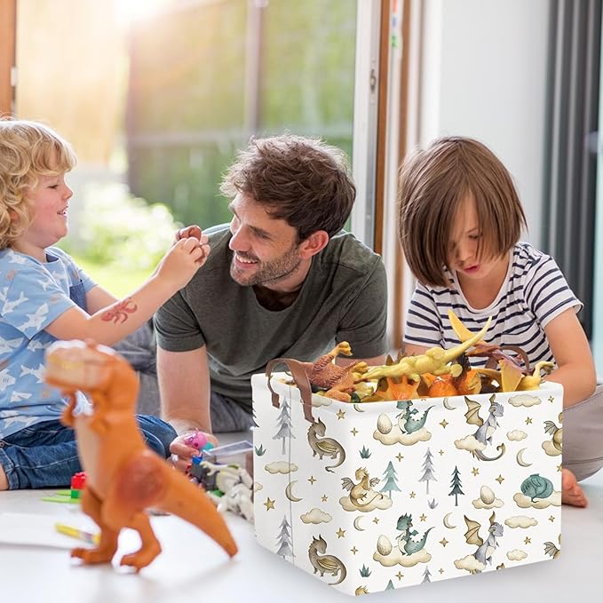 FXOCSHE Rectangular Dinosaur Baskets,Watercolor cute dragon fairy tale kids nursery basket,Cloud moon star dragon egg laundry basket for kid,Toys Box,Dinosaur Room Decor(Cute dinosaur)