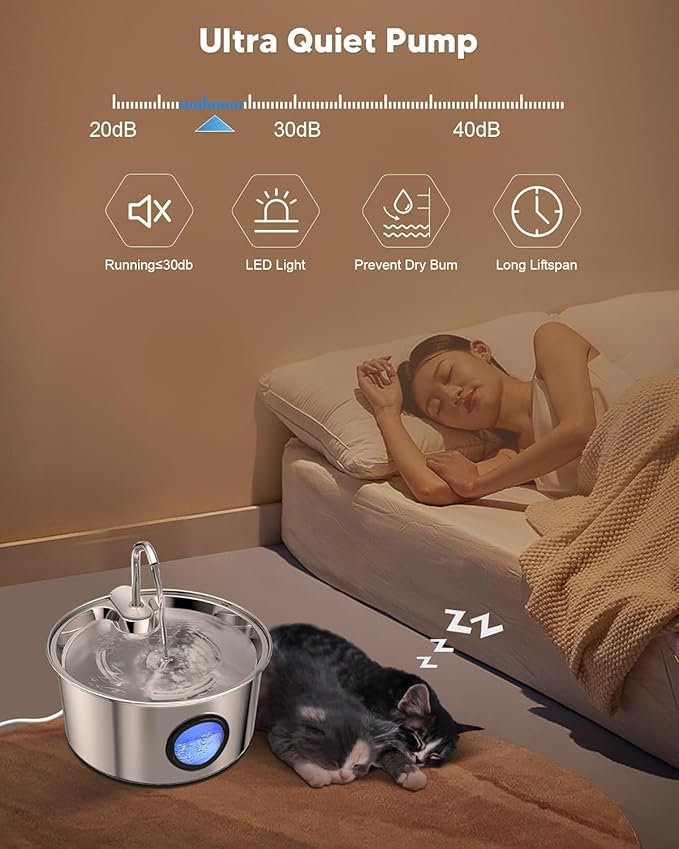 Cat Water Fountain Stainless Steel - 108oz/3.2L Automatic Cat Water Fountain for Drinking with 3PCS Filters, Metal Pet Water Fountain Water Dispenser for Cats, Puppy, Multiple Pets