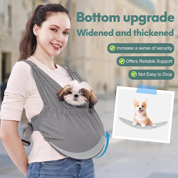 Supet Dog Sling Carrier for Small Pets, Hands Free Cat Sling, Reducing Back Neck Pain Anti-Anxiety Puppy Front, Adjustable Soft Dog Carrying (Grey, Regular 0-9 Lbs)