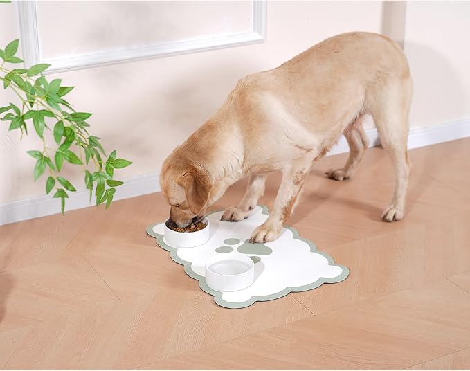 Ralxion Scalloped Dog Feeding Mat, Absorbent Mats for Dog Food and Water Bowl, Dispenser, Cute Elegant Aesthetic Preppy Sage Green Scallop Pet Placemat for Dogs, Cats, Puppy Accessories, 14" X 19”