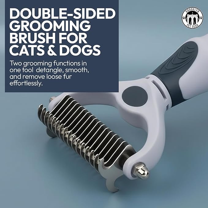 BPG Pet Grooming Tools for Dogs & Cats- 2 in 1 Dual Sided Undercoat Rake For Dogs Heavy-Duty Non Slip Grip Deshedding Comb Skin Safe With Ergonomic Handle To Reduce Shedding- Brooklyn Pet Gear