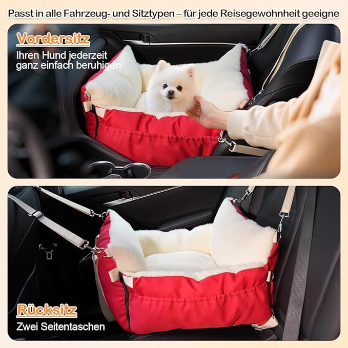 Dog Car Seat for Small Dogs with Extension Zone, Portable Washable Travel Bed for Pets up to 30 lbs, Booster Seat for Front Seat & Camping, Includes Harness Clip – Red