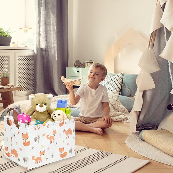 FXOCSHE Rectangle Fox Basket,Collapsible canvas waterproof storage basket,Toy Organizer,Laundry Baskets for Kid Rooms,Baby Room decor,Toy Baskets,Woodland Nursery Decor(Fox)