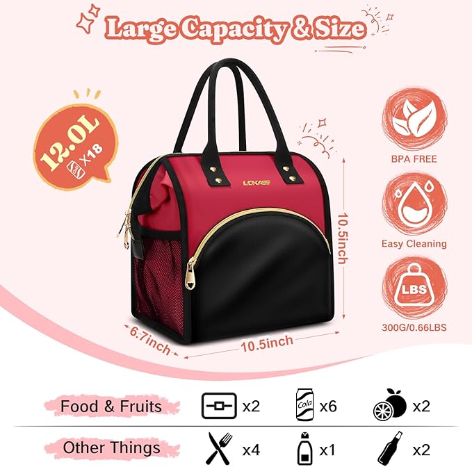 Lunch Bag Women Insulated Lunch Box Wide-Open Lunch Tote Bag Large Drinks Holder Durable Nylon Thermal Snacks Organizer for Men Adults Work Picnic Hiking Beach Fishing, Red + Black