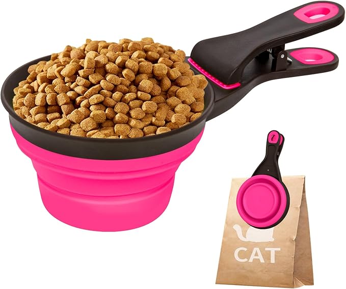 PNEUICALLY Collapsible Silicone Dog Food Scoop Foldable Pet Food Measuring Cup with Bag Clip 3 in 1 Multi-Function Silicone Dog Food Scooper (Rose Red, Medium)