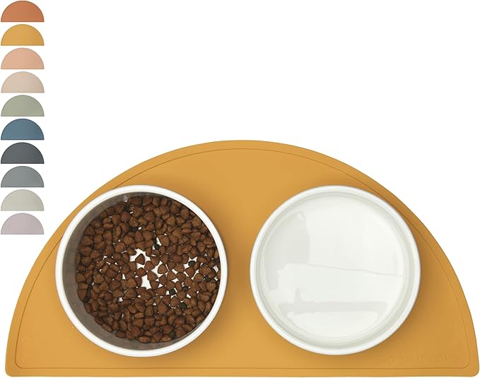 Should We Go? Waterproof Silicone Pet Food Mat - Non-Slip, Spill-Proof Feeding Mats for Floors, Raised Edge Design, Easy-to-Clean Rubber Mat for Dog & Cat Bowls, 21" Across x 10.5" Deep, Medium-Honey