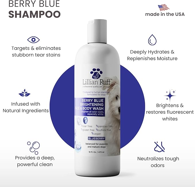 Lillian Ruff PRO Formula Berry Blue Brightening Pet Shampoo - Ultra-Hydrating Professional Whitening Dog Shampoo, Vivid Show-Quality Coat Enhancer, Tear Stain & Odor Eliminator With ProVitamin B5 16oz