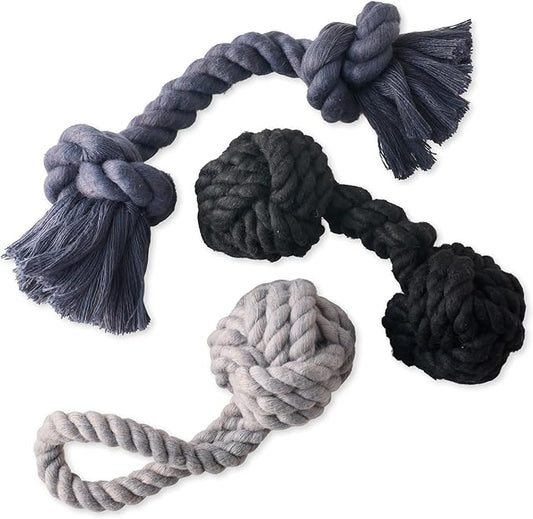 Pet Passion Brady The Rope Tug Toy 3-Pack Organic Cotton Dog Rope Pull Toys for All Pet Breeds, Gray Ombre, One Size