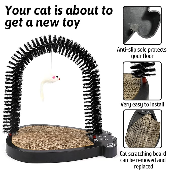 Fhiny Cat Arch Self Groomer, Cat Brush with Scratching Cardboard Hair Face Back Brush for Grooming with Toys Scratcher Massager Comb Station Interactive Toy for Indoor Kitten Cats Pets Cute