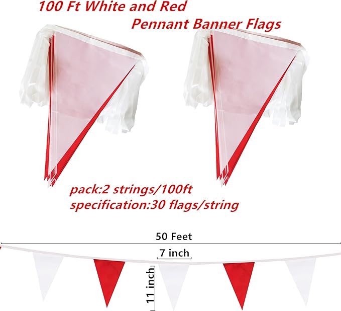 100 Feet Red & White Pennant Banner Flags String Hanging Red & White DIY Triangle Bunting Flags,Party Decorations for Grand Opening,Party Events Celebration,Kids Birthday,60 Pcs