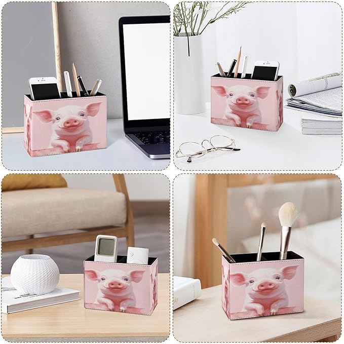 Famame Pink Watercolor Pig Pencil Holder for Desk, Leather Desktop Container Pen Cup Storage Study Table Pen Organizer Makeup Brush Holder for Classroom Office Home